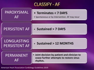 American Heart Association Cardiology Guidelines 2019
• Terminates < 7 DAYS
• Spontaneous or by Intervention. AF may recur
PAROXYSMAL
AF
• Sustained > 7 DAYS
PERSISTENT AF
• Sustained > 12 MONTHS
LONGLASTING
PERSISTENT AF
• Joint decision by patient and clinician to
cease further attempts to restore sinus
rhythm.
PERMANENT
AF
 
