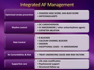 • CHA2DS2-VASC SCORE, HAS-BLED SCORE
• ANTICOAGULANTS
Optimized stroke prevention
• DC CARDIOVERSION
• IV AMIODARONE / other antiarrhythmic agents
• CATHETER ABLATION
Rhythm control
• B BLOCKER
• CALCIUM CHANNEL BLOCKER
• DIGOXIN
• EXCEPTIONAL CASES – IV AMIODARONE
Rate Control
• TREAT UNDERLYING CAUSE AND RISK FACTORS
Rx Comorbidities & Risk
• Life style modification
• Psychosocial support
• Structured follow-up
Supportive care
 