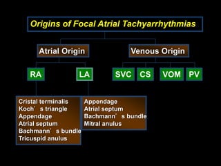 Origins of Focal Atrial Tachyarrhythmias


     Atrial Origin               Venous Origin

   RA            LA          SVC    CS   VOM     PV


Cristal terminalis   Appendage
Koch＇s triangle      Atrial septum
Appendage            Bachmann＇s bundle
Atrial septum        Mitral anulus
Bachmann＇s bundle
Tricuspid anulus
 