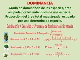 DOMINANCIA Grado de dominancia de las especies, área ocupada por los individuos de una especie . Proporción del área total muestreada ocupada por una determinada especie.  