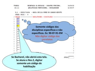 Somente códigos das
disciplinas específicas e não
específicas. Ex: 90-EF-91-EM
Não digitar código das
correlatas

Se Bacharel, não abrirá esta tela.
Se aluno e Res.2, digitar
somente um código de
habilitação

 