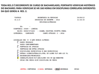 TODA RES.2 É DECORRENTE DE CURSO DE BACHARELADO, PORTANTO VERIFICAR HISTÓRICO
DO BACHAREL PARA VERIFICAR SE HÁ 160 HORAS EM DISCIPLINAS CORRELATAS DIFERENTES
DA QUE GEROU A RES. 2.

 