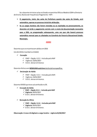 Se o docente ministraraulasnoEstado encaminharOfícioe Modelo CGRH a Diretoria
de Ensino,Núcleode Frequênciae Pagamento –NFP.
 O pagamento, tanto das aulas da Prefeitura quanto das aulas do Estado, será
automático, apenas no processo inicial de atribuição.
 Se as cargas horárias não forem incluídas ou se rejeitadas no processamento, os
docentes só terão o pagamento correto com o envio da documentação necessária
para a DSD, na programação subsequente, uma vez que não haverá processo
automático mensal para os afastados no Convênio de Parceria Educacional Estado-
Município.
ADIDO
Docentesque se encontravamadidosem2016
(se atendidosnaprópriaunidade)
 Cessação
 PAEF– Opção: 4.3.2 – InclusãopeloNAP
 Vigência:23/01/2017
 D.O.E.:deixarembranco
Docente efetivosem NENHUMAaulalivre dadisciplinaespecífica.
 Declaração de Adido
 PAEF– Opção: 4.3.1 – InclusãopeloNAP.
 Vigência:23/01/2017
 D.O.E.:deixarembranco.
Docente ADIDOque teve aulaatribuídana DE.
 Cessação de Adido
 PAEF – Opção 4.3.1 – Inclusão peloNAP
 Vigência:24/01/2017
 D.O.E.:deixarembranco.
 Remoção Ex-Ofício
 PAEF – Opção: 4.1.6 – Inclusão peloNAP
 Vigência:24/01/2017
 D.O.E.:deixarembranco.
Observação: A nova UAdigitará a carga horária – vigência01/02/2017
 