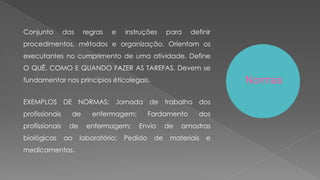 Conjunto das regras e instruções para definir
procedimentos, métodos e organização. Orientam os
executantes no cumprimento de uma atividade. Define
O QUÊ, COMO E QUANDO FAZER AS TAREFAS. Devem se
fundamentar nos princípios éticolegais. Normas
EXEMPLOS DE NORMAS: Jornada de trabalho dos
profissionais de enfermagem; Fardamento dos
profissionais de enfermagem; Envio de amostras
biológicas ao laboratório; Pedido de materiais e
medicamentos.
 