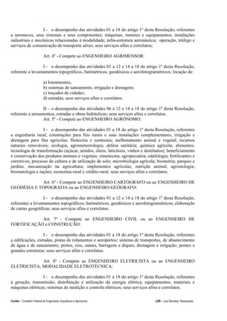 Confea – Conselho Federal de Engenharia, Arquitetura e Agronomia LDR - Leis Decretos, Resoluções
I - o desempenho das atividades 01 a 18 do artigo 1º desta Resolução, referentes
a aeronaves, seus sistemas e seus componentes; máquinas, motores e equipamentos; instalações
industriais e mecânicas relacionadas à modalidade; infra-estrutura aeronáutica; operação, tráfego e
serviços de comunicação de transporte aéreo; seus serviços afins e correlatos;
Art. 4º - Compete ao ENGENHEIRO AGRIMENSOR:
I - o desempenho das atividades 01 a 12 e 14 a 18 do artigo 1º desta Resolução,
referente a levantamentos topográficos, batimétricos, geodésicos e aerofotogramétricos; locação de:
a) loteamentos;
b) sistemas de saneamento, irrigação e drenagem;
c) traçados de cidades;
d) estradas; seus serviços afins e correlatos.
II - o desempenho das atividades 06 a 12 e 14 a 18 do artigo 1º desta Resolução,
referente a arruamentos, estradas e obras hidráulicas; seus serviços afins e correlatos.
Art. 5º - Compete ao ENGENHEIRO AGRÔNOMO:
I - o desempenho das atividades 01 a 18 do artigo 1º desta Resolução, referentes
a engenharia rural; construções para fins rurais e suas instalações complementares; irrigação e
drenagem para fins agrícolas; fitotecnia e zootecnia; melhoramento animal e vegetal; recursos
naturais renováveis; ecologia, agrometeorologia; defesa sanitária; química agrícola; alimentos;
tecnologia de transformação (açúcar, amidos, óleos, laticínios, vinhos e destilados); beneficiamento
e conservação dos produtos animais e vegetais; zimotecnia; agropecuária; edafologia; fertilizantes e
corretivos; processo de cultura e de utilização de solo; microbiologia agrícola; biometria; parques e
jardins; mecanização na agricultura; implementos agrícolas; nutrição animal; agrostologia;
bromatologia e rações; economia rural e crédito rural; seus serviços afins e correlatos.
Art. 6º - Compete ao ENGENHEIRO CARTÓGRAFO ou ao ENGENHEIRO DE
GEODÉSIA E TOPOGRAFIA ou ao ENGENHEIRO GEÓGRAFO:
I - o desempenho das atividades 01 a 12 e 14 a 18 do artigo 1º desta Resolução,
referentes a levantamentos topográficos, batimétricos, geodésicos e aerofotogramétricos; elaboração
de cartas geográficas; seus serviços afins e correlatos.
Art. 7º - Compete ao ENGENHEIRO CIVIL ou ao ENGENHEIRO DE
FORTIFICAÇÃO e CONSTRUÇÃO:
I - o desempenho das atividades 01 a 18 do artigo 1º desta Resolução, referentes
a edificações, estradas, pistas de rolamentos e aeroportos; sistema de transportes, de abastecimento
de água e de saneamento; portos, rios, canais, barragens e diques; drenagem e irrigação; pontes e
grandes estruturas; seus serviços afins e correlatos.
Art. 8º - Compete ao ENGENHEIRO ELETRICISTA ou ao ENGENHEIRO
ELETRICISTA, MODALIDADE ELETROTÉCNICA:
I - o desempenho das atividades 01 a 18 do artigo 1º desta Resolução, referentes
à geração, transmissão, distribuição e utilização da energia elétrica; equipamentos, materiais e
máquinas elétricas; sistemas de medição e controle elétricos; seus serviços afins e correlatos.
 
