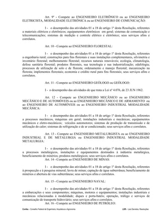 Confea – Conselho Federal de Engenharia, Arquitetura e Agronomia LDR - Leis Decretos, Resoluções
Art. 9º - Compete ao ENGENHEIRO ELETRÔNICO ou ao ENGENHEIRO
ELETRICISTA, MODALIDADE ELETRÔNICA ou ao ENGENHEIRO DE COMUNICAÇÃO:
I - o desempenho das atividades 01 a 18 do artigo 1º desta Resolução, referentes
a materiais elétricos e eletrônicos; equipamentos eletrônicos em geral; sistemas de comunicação e
telecomunicações; sistemas de medição e controle elétrico e eletrônico; seus serviços afins e
correlatos.
Art. 10 - Compete ao ENGENHEIRO FLORESTAL:
I - o desempenho das atividades 01 a 18 do artigo 1º desta Resolução, referentes
a engenharia rural; construções para fins florestais e suas instalações complementares, silvimetria e
inventário florestal; melhoramento florestal; recursos naturais renováveis; ecologia, climatologia,
defesa sanitária florestal; produtos florestais, sua tecnologia e sua industrialização; edafologia;
processos de utilização de solo e de floresta; ordenamento e manejo florestal; mecanização na
floresta; implementos florestais; economia e crédito rural para fins florestais; seus serviços afins e
correlatos.
Art. 11 - Compete ao ENGENHEIRO GEÓLOGO ou GEÓLOGO:
I - o desempenho das atividades de que trata a Lei nº 4.076, de 23 JUN 1962.
Art. 12 - Compete ao ENGENHEIRO MECÂNICO ou ao ENGENHEIRO
MECÂNICO E DE AUTOMÓVEIS ou ao ENGENHEIRO MECÂNICO E DE ARMAMENTO ou
ao ENGENHEIRO DE AUTOMÓVEIS ou ao ENGENHEIRO INDUSTRIAL MODALIDADE
MECÂNICA:
I - o desempenho das atividades 01 a 18 do artigo 1º desta Resolução, referentes
a processos mecânicos, máquinas em geral; instalações industriais e mecânicas; equipamentos
mecânicos e eletro-mecânicos; veículos automotores; sistemas de produção de transmissão e de
utilização do calor; sistemas de refrigeração e de ar condicionado; seus serviços afins e correlatos.
Art. 13 - Compete ao ENGENHEIRO METALURGISTA ou ao ENGENHEIRO
INDUSTRIAL E DE METALURGIA ou ENGENHEIRO INDUSTRIAL MODALIDADE
METALURGIA:
I - o desempenho das atividades 01 a 18 do artigo 1º desta Resolução, referentes
a processos metalúrgicos, instalações e equipamentos destinados à indústria metalúrgica,
beneficiamento de minérios; produtos metalúrgicos; seus serviços afins e correlatos.
Art. 14 - Compete ao ENGENHEIRO DE MINAS:
I - o desempenho das atividades 01 a 18 do artigo 1º desta Resolução, referentes
à prospecção e à pesquisa mineral; lavra de minas; captação de água subterrânea; beneficiamento de
minérios e abertura de vias subterrâneas; seus serviços afins e correlatos.
Art. 15 - Compete ao ENGENHEIRO NAVAL:
I - o desempenho das atividades 01 a 18 do artigo 1º desta Resolução, referentes
a embarcações e seus componentes; máquinas, motores e equipamentos; instalações industriais e
mecânicas relacionadas à modalidade; diques e porta-batéis; operação, tráfego e serviços de
comunicação de transporte hidroviário; seus serviços afins e correlatos.
Art. 16 - Compete ao ENGENHEIRO DE PETRÓLEO:
 