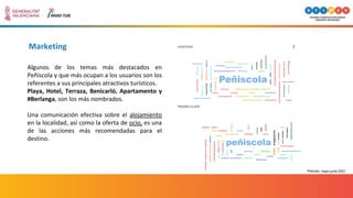 Marketing
Algunos de los temas más destacados en
Peñíscola y que más ocupan a los usuarios son los
referentes a sus principales atractivos turísticos.
Playa, Hotel, Terraza, Benicarló, Apartamento y
#Berlanga, son los más nombrados.
Una comunicación efectiva sobre el alojamiento
en la localidad, así como la oferta de ocio, es una
de las acciones más recomendadas para el
destino.
*Periodo: mayo-junio 2021
 