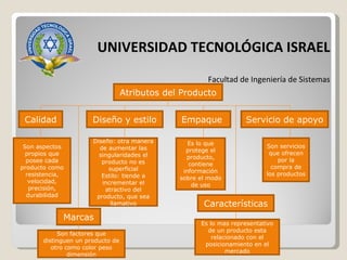UNIVERSIDAD TECNOLÓGICA ISRAEL Facultad de Ingeniería de Sistemas Atributos del Producto Calidad Diseño y estilo Empaque  Servicio de apoyo Características Marcas Son aspectos propios que posee cada producto como resistencia, velocidad, precisión, durabilidad Diseño: otra manera de aumentar las singularidades el producto no es superficial Estilo: tiende a incrementar el atractivo del producto, que sea llamativo Es lo que protege el producto, contiene información sobre el modo de uso Son servicios que ofrecen por la compra de los productos Son factores que distinguen un producto de otro como color peso dimensión Es lo mas representativo de un producto esta relacionado con el posicionamiento en el mercado 