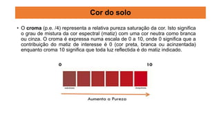 • O croma (p.e. /4) representa a relativa pureza saturação da cor. Isto significa
o grau de mistura da cor espectral (matiz) com uma cor neutra como branca
ou cinza. O croma é expressa numa escala de 0 a 10, onde 0 significa que a
contribuição do matiz de interesse é 0 (cor preta, branca ou acinzentada)
enquanto croma 10 significa que toda luz reflectida é do matiz indicado.
Cor do solo
 