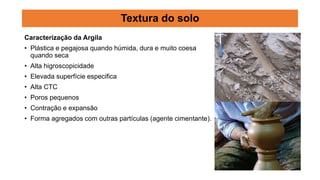 Caracterização da Argila
• Plástica e pegajosa quando húmida, dura e muito coesa
quando seca
• Alta higroscopicidade
• Elevada superfície especifica
• Alta CTC
• Poros pequenos
• Contração e expansão
• Forma agregados com outras partículas (agente cimentante).
Textura do solo
 