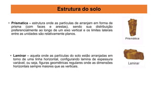Estrutura do solo
• Prismatica – estrutura onde as partículas de arranjam em forma de
prisma (com faces e arestas), sendo sua distribuição
preferencialmente ao longo de um eixo vertical e os limites laterais
entre as unidades são relativamente planos.
• Laminar – aquela onde as partículas do solo estão arranjadas em
torno de uma linha horizontal, configurando lamina de espessura
variável, ou seja, figuras geométricas regulares onde as dimensões
horizontais sempre maiores que as verticais.
 