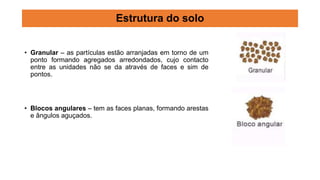 • Granular – as partículas estão arranjadas em torno de um
ponto formando agregados arredondados, cujo contacto
entre as unidades não se da através de faces e sim de
pontos.
Estrutura do solo
• Blocos angulares – tem as faces planas, formando arestas
e ângulos aguçados.
 