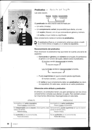 Predicativo      s Af.,trrl" d* Su¡eho
                                              Lee esta oración.
                                                              Keawe miraba sorprendido.
                                                              sujeto verbo * complemento


                                              El predicado de esta oración está formado por:
                                                 Un verbo (miraba).
                                             -
                                                 Un complemento verbal (sorprendido)que afecta, alavez'.
                                             -
                                                 . Al sujeto (Keawe), con el que concuerda en género y número.
                                                 . Al verbo, al que matiza su significado.
                                              Este complemento recibe el nombre de predicativo.

                                                      predicativo (Pvo) es un complemento verbal que aÍecta o modifi-
.O                                                     al mismo tiempo, al sujeto y a un verbo no copulatlvo.
P

E
(J
 L                                           Reconocimiento del predicativo
J
                                             Para reconocer el predicativo hay que tener en cuenta una serie de
                                             aspectos:
                                                     Concuerda en género y en número con elsujeto. Sicambiamos
                                                 -   elgénero o el número delsujeto, deberá variar elpredicativo.
                                                         El hombre vendió desesperado la botella.
                                                              AA
                                                              L masculino singular J

                                                         Los hombres vendieron desesperados lá Ootetla.
                                                                  al
                                                                  l-   ¡¡¿s6¡lino plural   j

                                                     Puede suprimirse sin que la oración pierda significado.
                                                 -
                                                         El hombre vendió [...] la botella.

                                                     El verbo al que complementa debe ser predicativo (es decir,
                                                 -   no copulativo). En este caso, vender es un verbo predicativo.

                                             Diferencias entre atributo y pred¡cat¡vo

                                             El atributo y el predicativo tienen una gran semejanza:son los únicos
                                             complementos verbales que afectan al sujeto. Pero también presen-
                                             tan importantes diferencias. Expongámoslas en esta tabla.

                                   ATRIBUTO                                                    PREDICATIVO

            ,Acompaña a un verbo copulativo.                         Acompaña a un verbo predicativo.
                 Keawe estaba sorprendido.                               Keawe miraba sorprendido.
            Es indispensable para la oración. Si se suprime, ésta    Generalmente, puede suprimirse sin que la oración
            carece de sentido.                                       pierda el sentido pleno.
                    Kbawresfaha.                                          Keawe miraba.

            Es   sustituible por el pronombre /o.                    No es sustituible por el pronombre lo.
                   Keawe lo estaba"                                        Kdáwe-le-rnieha.



      68   Unidad   4
 