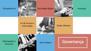 Transparência
Participação e
Parcerias
InovaçãoTecnologia Digital
Lei de Acesso a
informação Dados Abertos
GovernançaValor Público
 