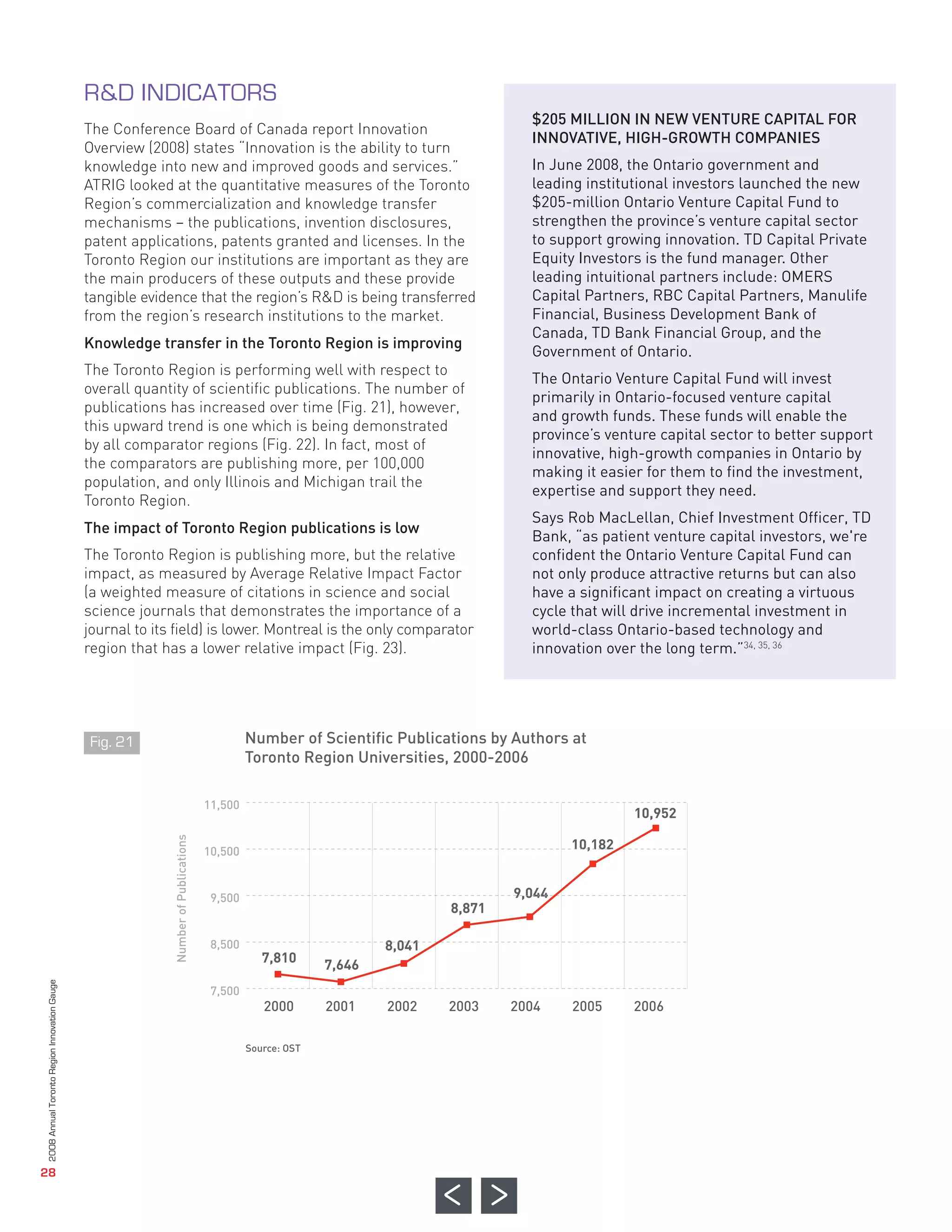 $205 MILLION IN NEW VENTURE CAPITAL FOR
                                                           The Conference Board of Canada report Innovation
                                                                                                                                INNOVATIVE, HIGH-GROWTH COMPANIES
                                                           Overview (2008) states “Innovation is the ability to turn
                                                           knowledge into new and improved goods and services.”                 In June 2008, the Ontario government and
                                                           ATRIG looked at the quantitative measures of the Toronto             leading institutional investors launched the new
                                                           Region’s commercialization and knowledge transfer                    $205-million Ontario Venture Capital Fund to
                                                           mechanisms – the publications, invention disclosures,                strengthen the province’s venture capital sector
                                                           patent applications, patents granted and licenses. In the            to support growing innovation. TD Capital Private
                                                           Toronto Region our institutions are important as they are            Equity Investors is the fund manager. Other
                                                           the main producers of these outputs and these provide                leading intuitional partners include: OMERS
                                                           tangible evidence that the region’s R&D is being transferred         Capital Partners, RBC Capital Partners, Manulife
                                                           from the region’s research institutions to the market.               Financial, Business Development Bank of
                                                                                                                                Canada, TD Bank Financial Group, and the
                                                           Knowledge transfer in the Toronto Region is improving
                                                                                                                                Government of Ontario.
                                                           The Toronto Region is performing well with respect to
                                                                                                                                The Ontario Venture Capital Fund will invest
                                                           overall quantity of scientific publications. The number of
                                                                                                                                primarily in Ontario-focused venture capital
                                                           publications has increased over time (Fig. 21), however,
                                                                                                                                and growth funds. These funds will enable the
                                                           this upward trend is one which is being demonstrated
                                                                                                                                province’s venture capital sector to better support
                                                           by all comparator regions (Fig. 22). In fact, most of
                                                                                                                                innovative, high-growth companies in Ontario by
                                                           the comparators are publishing more, per 100,000
                                                                                                                                making it easier for them to find the investment,
                                                           population, and only Illinois and Michigan trail the
                                                                                                                                expertise and support they need.
                                                           Toronto Region.
                                                                                                                                Says Rob MacLellan, Chief Investment Officer, TD
                                                           The impact of Toronto Region publications is low
                                                                                                                                Bank, “as patient venture capital investors, we're
                                                           The Toronto Region is publishing more, but the relative              confident the Ontario Venture Capital Fund can
                                                           R&D INDICATORS




                                                           impact, as measured by Average Relative Impact Factor                not only produce attractive returns but can also
                                                           (a weighted measure of citations in science and social               have a significant impact on creating a virtuous
                                                           science journals that demonstrates the importance of a               cycle that will drive incremental investment in
                                                           journal to its field) is lower. Montreal is the only comparator      world-class Ontario-based technology and
                                                           region that has a lower relative impact (Fig. 23).                   innovation over the long term.”34, 35, 36




                                                                                       Number of Scientific Publications by Authors at
                                                                                       Toronto Region Universities, 2000-2006


                                                                                                                                               10,952

                                                                                                                                      10,182
                                                                              11,500




                                                                                                                              9,044
                                                                                                                      8,871
                                                                              10,500




                                                                                                             8,041
                                                                                          7,810
                                                                               9,500




                                                                                                     7,646

                                                                                          2000       2001    2002    2003     2004    2005     2006
                                                                               8,500


                                                                               7,500
                                                           Fig. 21




                                                                                       Source: OST
Number of Publications
             2008 Annual Toronto Region Innovation Gauge




                28
 