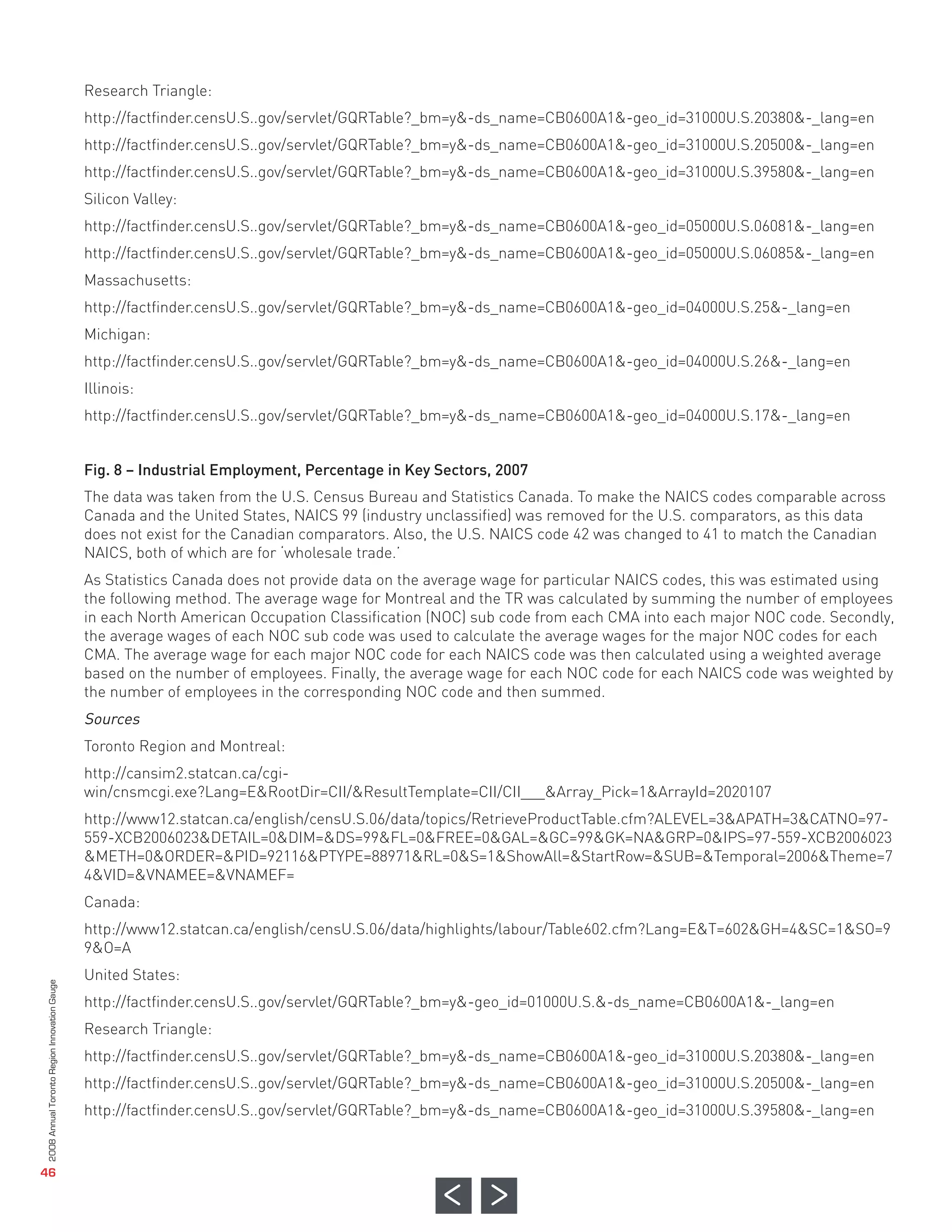 Research Triangle:
                                              http://factfinder.censU.S..gov/servlet/GQRTable?_bm=y&-ds_name=CB0600A1&-geo_id=31000U.S.20380&-_lang=en
                                              http://factfinder.censU.S..gov/servlet/GQRTable?_bm=y&-ds_name=CB0600A1&-geo_id=31000U.S.20500&-_lang=en
                                              http://factfinder.censU.S..gov/servlet/GQRTable?_bm=y&-ds_name=CB0600A1&-geo_id=31000U.S.39580&-_lang=en
                                              Silicon Valley:
                                              http://factfinder.censU.S..gov/servlet/GQRTable?_bm=y&-ds_name=CB0600A1&-geo_id=05000U.S.06081&-_lang=en
                                              http://factfinder.censU.S..gov/servlet/GQRTable?_bm=y&-ds_name=CB0600A1&-geo_id=05000U.S.06085&-_lang=en
                                              Massachusetts:
                                              http://factfinder.censU.S..gov/servlet/GQRTable?_bm=y&-ds_name=CB0600A1&-geo_id=04000U.S.25&-_lang=en
                                              Michigan:
                                              http://factfinder.censU.S..gov/servlet/GQRTable?_bm=y&-ds_name=CB0600A1&-geo_id=04000U.S.26&-_lang=en
                                              Illinois:
                                              http://factfinder.censU.S..gov/servlet/GQRTable?_bm=y&-ds_name=CB0600A1&-geo_id=04000U.S.17&-_lang=en


                                              Fig. 8 – Industrial Employment, Percentage in Key Sectors, 2007
                                              The data was taken from the U.S. Census Bureau and Statistics Canada. To make the NAICS codes comparable across
                                              Canada and the United States, NAICS 99 (industry unclassified) was removed for the U.S. comparators, as this data
                                              does not exist for the Canadian comparators. Also, the U.S. NAICS code 42 was changed to 41 to match the Canadian
                                              NAICS, both of which are for ‘wholesale trade.’
                                              As Statistics Canada does not provide data on the average wage for particular NAICS codes, this was estimated using
                                              the following method. The average wage for Montreal and the TR was calculated by summing the number of employees
                                              in each North American Occupation Classification (NOC) sub code from each CMA into each major NOC code. Secondly,
                                              the average wages of each NOC sub code was used to calculate the average wages for the major NOC codes for each
                                              CMA. The average wage for each major NOC code for each NAICS code was then calculated using a weighted average
                                              based on the number of employees. Finally, the average wage for each NOC code for each NAICS code was weighted by
                                              the number of employees in the corresponding NOC code and then summed.
                                              Sources
                                              Toronto Region and Montreal:
                                              http://cansim2.statcan.ca/cgi-
                                              win/cnsmcgi.exe?Lang=E&RootDir=CII/&ResultTemplate=CII/CII___&Array_Pick=1&ArrayId=2020107
                                              http://www12.statcan.ca/english/censU.S.06/data/topics/RetrieveProductTable.cfm?ALEVEL=3&APATH=3&CATNO=97-
                                              559-XCB2006023&DETAIL=0&DIM=&DS=99&FL=0&FREE=0&GAL=&GC=99&GK=NA&GRP=0&IPS=97-559-XCB2006023
                                              &METH=0&ORDER=&PID=92116&PTYPE=88971&RL=0&S=1&ShowAll=&StartRow=&SUB=&Temporal=2006&Theme=7
                                              4&VID=&VNAMEE=&VNAMEF=
                                              Canada:
                                              http://www12.statcan.ca/english/censU.S.06/data/highlights/labour/Table602.cfm?Lang=E&T=602&GH=4&SC=1&SO=9
                                              9&O=A
                                              United States:
                                              http://factfinder.censU.S..gov/servlet/GQRTable?_bm=y&-geo_id=01000U.S.&-ds_name=CB0600A1&-_lang=en
                                              Research Triangle:
                                              http://factfinder.censU.S..gov/servlet/GQRTable?_bm=y&-ds_name=CB0600A1&-geo_id=31000U.S.20380&-_lang=en
                                              http://factfinder.censU.S..gov/servlet/GQRTable?_bm=y&-ds_name=CB0600A1&-geo_id=31000U.S.20500&-_lang=en
                                              http://factfinder.censU.S..gov/servlet/GQRTable?_bm=y&-ds_name=CB0600A1&-geo_id=31000U.S.39580&-_lang=en
2008 Annual Toronto Region Innovation Gauge




   46
 