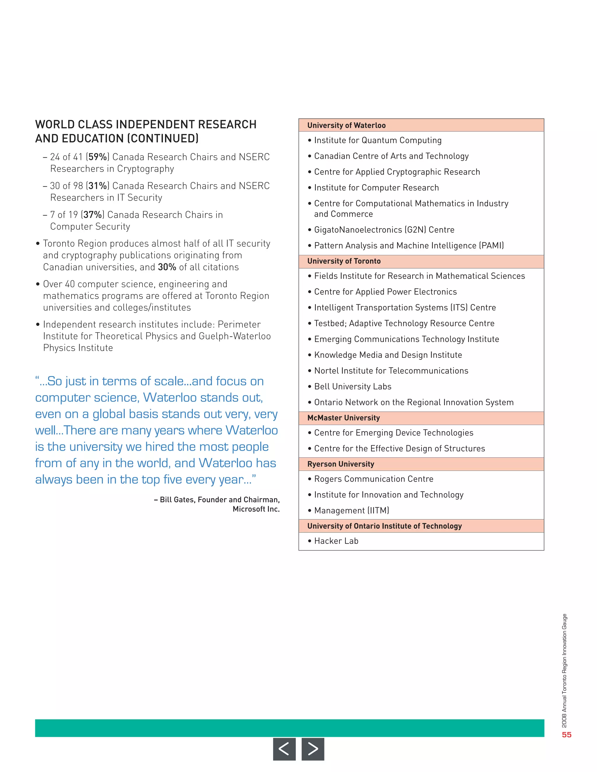 WORLD CLASS INDEPENDENT RESEARCH
AND EDUCATION (CONTINUED)
 – 24 of 41 (59%) Canada Research Chairs and NSERC
   Researchers in Cryptography
                                                                    • Institute for Quantum Computing




 – 30 of 98 (31%) Canada Research Chairs and NSERC
                                                                    • Canadian Centre of Arts and Technology
                                                                    University of Waterloo




   Researchers in IT Security
                                                                    • Centre for Applied Cryptographic Research



 – 7 of 19 (37%) Canada Research Chairs in
                                                                    • Institute for Computer Research



   Computer Security
                                                                    • Centre for Computational Mathematics in Industry



• Toronto Region produces almost half of all IT security
                                                                      and Commerce



  and cryptography publications originating from
                                                                    • GigatoNanoelectronics (G2N) Centre



  Canadian universities, and 30% of all citations
                                                                    • Pattern Analysis and Machine Intelligence (PAMI)



• Over 40 computer science, engineering and
  mathematics programs are offered at Toronto Region
  universities and colleges/institutes
                                                                    • Fields Institute for Research in Mathematical Sciences
                                                                    • Centre for Applied Power Electronics


• Independent research institutes include: Perimeter
                                                                    University of Toronto




  Institute for Theoretical Physics and Guelph-Waterloo
                                                                    • Intelligent Transportation Systems (ITS) Centre



  Physics Institute
                                                                    • Testbed; Adaptive Technology Resource Centre
                                                                    • Emerging Communications Technology Institute
                                                                    • Knowledge Media and Design Institute
                                                                    • Nortel Institute for Telecommunications
                                                                    • Bell University Labs
                                                                    • Ontario Network on the Regional Innovation System


                                                                    • Centre for Emerging Device Technologies
                                                                    • Centre for the Effective Design of Structures
                                                                    McMaster University




                                                                    • Rogers Communication Centre
                                                                    • Institute for Innovation and Technology
                                                                    Ryerson University




                                                                    • Management (IITM)
                            – Bill Gates, Founder and Chairman,
                                                   Microsoft Inc.



                                                                    • Hacker Lab
                                                                    University of Ontario Institute of Technology
“…So just in terms of scale...and focus on
computer science, Waterloo stands out,
even on a global basis stands out very, very
well…There are many years where Waterloo
is the university we hired the most people
from of any in the world, and Waterloo has
always been in the top five every year…”




                                                                                                                               2008 Annual Toronto Region Innovation Gauge




                                                                                                                                                  55
 