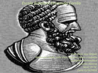 TrigonometriaEle usou e introduziu na Grécia a divisão da circunferência em 360º, dos babilônios, ao invés da divisão grega em 60 graus. Estudou também as funções trigonométricas, sendo por alguns considerado o criador da Trigonometria. Dividindo o diâmetro do círculo em 120 partes, ele determinou, pelo cálculo, e não somente por aproximações, o valor das cordas com relação às diversas partes do diâmetro. Utilizou a trigonometria para fazer medições, prever eclipse,  fazer calendários e na navegação.Hiparco adotava para o raio da Terra o valor de 8 800 km (o raio terrestre mede cerca de 6378 km). De posse desse valor, Hiparco tentou achar a distância da Terra à Lua da maneira descrita a seguir.Suponhamos que a Lua seja observada de dois pontos C e E: Quando estiver diretamente sobre o ponto E, um observador em C vê a Lua nascer no horizonte. Conhecendo a localização dos pontos C e E, Hiparco estimou a medida do ângulo Â. Como a distância AC é igual ao raio da Terra, o problema de Hiparco era o seguinte: conhecidos um dos lados (8 800 km) de um triângulo retângulo e um de seus ângulos (Â), determinar a hipotenusa AB.BLado opostoHipotenusaALado adjacenteC