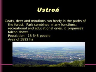 Ustroń
Goats, deer and mouflons run freely in the paths of
the forest. Park combines many functions:
recreational and educational ones, it organizes
falcon shows.
Population - 15 345 people
Area of 5892 ha
 