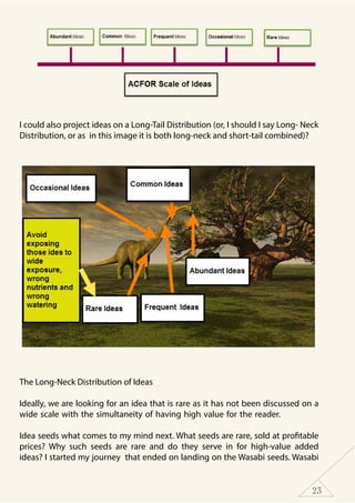23
I could also project ideas on a Long-Tail Distribution (or, I should I say Long- Neck
Distribution, or as in this image it is both long-neck and short-tail combined)?
The Long-Neck Distribution of Ideas
Ideally, we are looking for an idea that is rare as it has not been discussed on a
wide scale with the simultaneity of having high value for the reader.
Idea seeds what comes to my mind next. What seeds are rare, sold at profitable
prices? Why such seeds are rare and do they serve in for high-value added
ideas? I started my journey that ended on landing on the Wasabi seeds. Wasabi
 