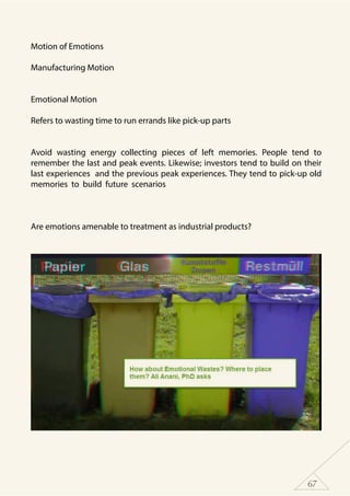 67
Motion of Emotions
Manufacturing Motion
	
Emotional Motion
Refers to wasting time to run errands like pick-up parts
	
Avoid wasting energy collecting pieces of left memories. People tend to
remember the last and peak events. Likewise; investors tend to build on their
last experiences and the previous peak experiences. They tend to pick-up old
memories to build future scenarios
Are emotions amenable to treatment as industrial products?
 