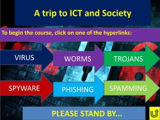 SPYWARE
A trip to ICT and Society
INFECTED!!!PLEASE STAND BY...
To begin the course, click on one of the hyperlinks:
VIRUS WORMS TROJANS
PHISHING SPAMMING
 