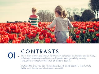 CONTRASTS
The urban centers are known for their art collections and serene canals. Cozy
cafes and charming townhouses with gables exist gracefully among
innovative architecture that’s full of modern designs.
Outside the city, you can find endless dune-backed beaches, colorful tulip
fields, vast forests and charismatic windmills.
01
 