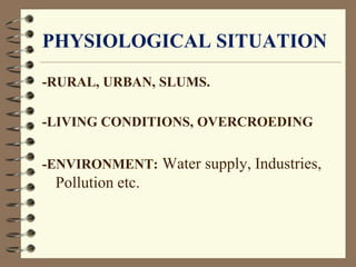 PHYSIOLOGICAL SITUATION
-RURAL, URBAN, SLUMS.
-LIVING CONDITIONS, OVERCROEDING
-ENVIRONMENT: Water supply, Industries,
Pollution etc.
 