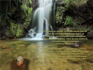 Osseres de grande valor, percebemqueao final da vida,foramperdendotodososexcessosqueformavamsuasarestas,seaproximandocadavezmais de suaessência,e ficandocadavezmenores, menores, menores...Quandofinalmenteaceitamosquesomospequenos, ínfimos,dada a compreensão da existência e importância do outro, e principalmente da grandeza de Deus,équefinalmentenostornamosgrandesem valor. 
