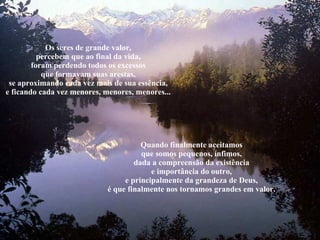 Os seres de grande valor, percebem que ao final da vida, foram perdendo todos os excessos que formavam suas arestas, se aproximando cada vez mais de sua essência, e ficando cada vez menores, menores, menores... Quando finalmente aceitamos que somos pequenos, ínfimos, dada a compreensão da existência e importância do outro, e principalmente da grandeza de Deus, é que finalmente nos tornamos grandes em valor. 