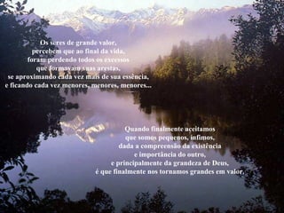 Os seres de grande valor, percebem que ao final da vida, foram perdendo todos os excessos que formavam suas arestas, se aproximando cada vez mais de sua essência, e ficando cada vez menores, menores, menores... Quando finalmente aceitamos que somos pequenos, ínfimos, dada a compreensão da existência e importância do outro, e principalmente da grandeza de Deus, é que finalmente nos tornamos grandes em valor. 