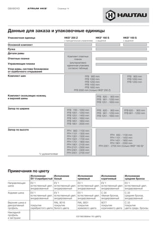 02/2010          ATRIUM HKS ®          Страница 14




Данные для заказа и упаковочные единицы
Упаковочная единица                          HKS® 200 Z                     HKS® 160 S               HKS® 100 S
                                             с принудительным управлением   с защёлкой               с защёлкой

Основной комплект
Ручка
Детали рамы
                                                Комплект ответных
Ответные планки                                      планок
Управляющие планки                                (альтернaтивно
                                                единичная упаковка
Упор рамы, система блокировки                    согласно таблице)
от ошибочного открывания
Комплект шин                                                   FFB 900 mm                                FFB 900 mm
                                                               FFB 1050 mm                               FFB 1050 mm
                                                               FFB 1250 mm                               FFB 1250 mm
                                                               FFB 1450 mm
                                                               FFB 1650 mm
                                                      FFB 2000 mm (только HKS® 200 Z)

Комплект скользящих ножниц                                                   FFB 620 - 900 mm
и верхней шины                                                               FFB 901 - 1250 mm
                                                                             FFB 1251 - 1650 mm

Запор по ширине
                                                FFB 720 - 1050 mm            FFB 620 - 900 mm         FFB 620 - 900 mm
                                                FFB 1051 - 1250 mm           FFB 901 - 1250 mm        FFB 901 - 1250 mm
                                                FFB 1251 - 1450 mm           FFB 1251 - 1650 mm
                                                FFB 1451 - 1650 mm
                                                FFB 1651 - 1850 mm
                                                FFB 1851 - 2000 mm

Запор по высоте                                 FFH 900 - 1100 mm
                                                FFH 1101 - 1300 mm
                                                                                        FFH 650 - 1100 mm
                                                FFH 1301 - 1500 mm
                                                                                        FFH 1101 - 1450 mm
                                                FFH 1501 - 1700 mm
                                                                                        FFH 1451 - 1900 mm
                                                FFH 1701 - 1900 mm
                                                                                        FFH 1901 - 2350 mm
                                                FFH 1901 - 2100 mm
                                                                              FFH 2351 - 2700 mm (только HKS® 160 S)*
                                                FFH 2101 - 2300 mm
                                                FFH 2301 - 2400 mm
                        *с удлинителями         FFH 2401 - 2700 mm*




Примечания по цвету
                  Исполнение       Исполнение             Исполнение             Исполнение           Исполнение
                  EV 1/серебристый белый                  кремовый               коричневый           средняя бронза
Направляющая      EV 1               EV 1               EV 1               EV 1               EV 1
шина              естественный цвет, естественный цвет, естественный цвет, естественный цвет, естественный цвет,
                  анодированный      анодированный      анодированный      анодированный      анодированный
Ходовая шина      EV 1               EV 1               EV 1               C 34                       C 33
                  естественный цвет, естественный цвет, естественный цвет, тёмная бронза,             средняя бронза,
                  анодированный      анодированный      анодированный      анодированный              анодированный
Верхняя шина и                       RAL 9016             RAL 9001               8077                 C 33
декоративный      покрытие           покрытие             покрытие               покрытие             покрытие
профиль           серебристого цвета белого цвета         кремового цвета        коричневого цвета    цвета средн. бронзы
Накладной
профиль                                                 согласованы по цвету
и заглушки
 