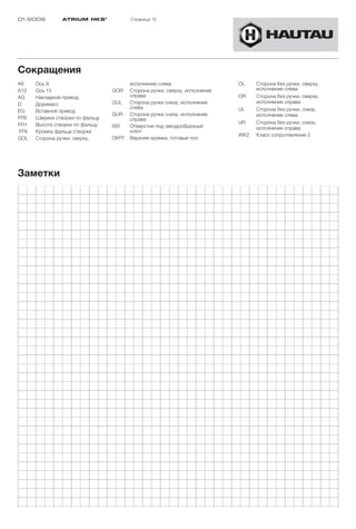 01/2009          ATRIUM HKS ®            Страница 15




Сокращения
A9     Ось 9                             исполнение слева                    OL    Сторона без ручки, сверху,
A13    Ось 13                     GOR    Сторона ручки, сверху, исполнение         исполнение слева
AG     Накладной привод                  справа                              OR    Сторона без ручки, сверху,
D      Дорнмасс                   GUL    Сторона ручки снизу, исполнение           исполнение справа
                                         слева                               UL    Сторона без ручки, снизу,
EG     Вставной привод
                                  GUR    Сторона ручки снизу, исполнение           исполнение слева
FFB    Ширина створки по фальцу          справа
FFH    Высота створки по фальцу                                              UR    Сторона без ручки, снизу,
                                  ISR    Отверстие под звездообразный              исполнение справа
 FFK   Кромка фальца створки             ключ
                                                                             WK2   Класс сопротивления 2
GOL    Сторона ручки, сверху,     OKFF   Верхняя кромка, готовый пол




Заметки
 