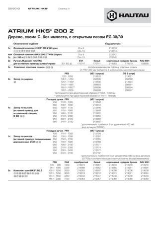 02/2010         ATRIUM HKS ®               Страница 21




ATRIUM HKS® 200 Z
Дерево, схема C, без импоста, с открытым пазом EG 30/30
     Обозначение изделия                                                               Код артикула
1x                          ®
     Основной комплект HKS 200 Z Штульп                      Ось 9                         213510
     123!L”Ö”A”S”F”G                                         Ось 13                        213513
или Основной комплект HKS® 200 Z TWIN Штульп                 Ось 9                         223542
1x (от 160 кг) !a"a3!L”Ö”A”S”F”G                             Ось 13                        223545
2x   Ручка LM дизайн HAUTAU                                   EV1           белый       коричневый средняя бронза   RAL 9001
     для вставного привода слева/справа         201 EG 9     170747         170741        219963       176919        193558
2x   Комплект ответных планок !D!G!H                                   (профилезависим) см. таблицу ответных планок
                                                               от FFB 1450 мм требуются 4 дополнительные ответные планки
                                                  FFB                     (VE 1 штука)                (VE 5 штук)
                                               720 - 1050                    213633                     213621
2x   Запор по ширине                          1051 – 1250                    208600                     208588
     §S                                       1251 – 1450*                   213636                     213624
                                              1451 – 1650                    208603                     208591
                                              1651 – 1850**                  208606                     208594
                                              1851 – 2000                    208609                     208597
                                        *используется при двухсторонней обрезке от 1051 - 1450 мм
                                       ** используется при двухсторонней обрезке от 1451 - 1850 мм
                                Посадка ручки FFH                        (VE 1 штука)
                                     450   1101 - 1300                      213840
                                     650   1301 - 1500                      213843
1x   Запор по высоте                 650   1501 - 1700                      213846
     (вставной привод для            950   1701 - 1900                      213849
     штульповой створки,             950   1901 - 2100                      213852
     D 30) "L§A                      950   2101 - 2300                      213855
                                     950   2301 - 2400                      213858
                                     950   2401 - 2700                     213855*
                                                                *дополнительно требуется 1 шт удлинителя 400 мм
                                                                 (код артикула 208092)
                                Посадка ручки FFH                        (VE 1 штука)
                                     450   1101 - 1300                      213759
1x   Запор по высоте                 650   1301 - 1500                      213762
     (вставной привод с повышенными 650    1501 - 1700                      213765
     дорнмассами, D 30) “K§A         950   1701 - 1900                      213768
                                     950   1901 - 2100                      213771
                                     950   2101 - 2300                      213774
                                     950   2301 - 2400                      213777
                                     950   2401 - 2700                     213774*
                                                                *дополнительно требуются 3 шт удлинителей 400 мм (код артикула
                                                                 207705) и соответствующие ответные планки (профилезависимы)
                                     FFB          RAB      серебристый      белый       коричневый средняя бронза   RAL 9001
                                   720 - 900      1930        218973        218967        218970       218976        218979
                                   901 - 1050     2230        218988        218982        218985       218991        218994
2x   Комплект шин HKS® 200 Z      1051 - 1250     2630        219003        218997        219000       219006        219009
     4”D§G§H§J§L$Ö$A$F$G          1251 - 1450     3030        219018        219012        219015       219021        219024
     $H$J$K%Ö(%A)                 1451 - 1650     3430        219033        219027        219030       219036        219039
                                  1651 - 2000     4130        219063        219057        219060       219066        219069
 