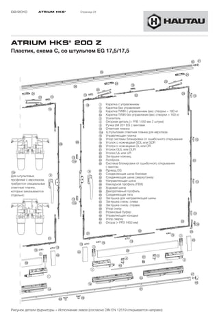 02/2010            ATRIUM HKS ®          Страница 24




ATRIUM HKS® 200 Z
Пластик, схема C, со штульпом EG 17,5/17,5
                                                                                                                             %Ö $A

                                                        §G
                                                                                                                        „F
                                                                                                       „D
                                                                      „F           !D
                                    §H
                                                       „D
             „F                           !D                                           §S                         „Ö
                  „D     !D                                                                                                   !D

                                              !L        1        Каретка с управлением
                        !L                              2        Каретка без управления
                                                        !a       Каретка TWIN с управлением (вес створки > 160 кг
                                                        "a       Каретка TWIN без управления (вес створки > 160 кг
                                                        3        Усилитель
                                                        4        Опорная деталь (> FFB 1450 мм 2 штуки)
                                                        9        Ручка LM 201 EG с винтами
                                                        !D       Ответная планка
                                                        !Ea      Штульповая ответная планка для европаза
                                                        !G       Управляющая планка
                                                        !H       Упор системы блокировки от ошибочного открывания             !D
                                    „K                  !L       Уголок с ножницами GOL или GOR
                               „K
                                                        “Ö       Уголок с ножницами OL или OR
                                                        "A       Уголок GUL или GUR
                                                        "S       Уголок UL или UR
                                                        "D       Заглушки ножниц
                                                        "F       Ползунок                                                    §A
                                                        "G       Система блокировки от ошибочного открывания
                                                                 с винтом
!Ea                                           9         "K       Привод EG
Для штульповых          9                               §A       Соединяющая шина боковая
                                                        §S       Соединяющая шина сверху/снизу
профилей с европазом,                                   §G       Направляющая шина                                                !D
требуются специальные                                   §H       Накладной профиль (ПВХ)
ответные планки,                                        §J       Ходовая шина
которые заказываются                                    §L       Декоративный профиль
отдельно.                                               $Ö       Соединяющая тягa
                                                        $A       Заглушка для направляющей шины
                                                        $F       Заглушка снизу, слева
                                                        $G       Заглушка снизу, справа
                                                        $H       Упор снизу
                                                        $J       Резиновый буфер                                              !D
                                                        $K       Управляющая колодка
                                                        %Ö       Упор сверху
                                                        %A       Опора (> FFB 1450 мм)                             „S
                                                                                                                                  !H
                                                                                        §S                               „G
                                              „A                                                            !G   3
                        „A                                                                                                   $G
                                                            !G                    !D
                                         !D
                              !D                   3
              !G                                                              §L
                                     $F
                   3          $G                                                                  4
                                                                              4              %A
                                                                                                                   2
        §L
                                                                         $Ö
                                                   1
                                                                                                                             $J
                        1
                                                                                                                              $H
                                                                                            §J

                               $K        $K


Рисунок детали фурнитуры = Исполнение левое (согласно DIN EN 12519 открывается направо)
 