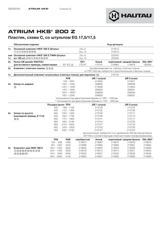 02/2010          ATRIUM HKS ®               Страница 25




ATRIUM HKS® 200 Z
Пластик, схема C, со штульпом EG 17,5/17,5
     Обозначение изделия                                                                Код артикула
1x                           ®
     Основной комплект HKS 200 Z Штульп                       Ось 9                         213510
     123!L”Ö”A”S”F”G                                          Ось 13                        213513
или Основной комплект HKS® 200 Z TWIN Штульп                  Ось 9                         223542
1x (от 160 кг) !a"a3!L”Ö”A”S”F”G                              Ось 13                        223545
2x   Ручка LM дизайн HAUTAU                                    EV1           белый       коричневый средняя бронза   RAL 9001
     для вставного привода, слева/справа         201 EG 9     170747         170741        219963       176919        193558
2x   Комплект ответных планок !D!G!H                                    (профилезависим) см. таблицу ответных планок
                                                                   от FFB 1450 мм требуются 4 дополнительные ответные планки
1x   Дополнительный комплект штульповых ответных планок для европаза !Ea                    219135
                                                   FFB                     (VE 1 штука)                (VE 5 штук)
                                                720 - 1050                    213633                     213621
2x   Запор по ширине                           1051 – 1250                    208600                     208588
     §S                                        1251 – 1450*                   213636                     213624
                                               1451 – 1650                    208603                     208591
                                               1651 – 1850**                  208606                     208594
                                               1851 – 2000                    208609                     208597
                                         *используется при двухсторонней обрезке от 1051 - 1450 мм
                                        ** используется при двухсторонней обрезке от 1451 - 1850 мм
                                  Посадка ручки FFH                       (VE 1 штука)                (VE 5 штук)
                                       450    900 - 1100                     213729                     213705
                                       450   1101 - 1300                     213732                     213708
2x   Запор по высоте                   650   1301 - 1500                     213735                     213711
     (накладной привод, D 17,5)        650   1501 - 1700                     213738                     213714
     “K§A                              950   1701 - 1900                     213741                     213717
                                       950   1901 - 2100                     213744                     213720
                                       950   2101 - 2300                     213747                     213723
                                       950   2301 - 2400                     213750                     213726
                                       950   2401 - 2700                    213747*                     213723*
                                                                 *дополнительно требуются 4 шт удлинителя 400 мм (код артикула
                                                                  207705) и соответствующие ответные планки (профилезависимы)
                                      FFB          RAB      серебристый      белый       коричневый средняя бронза   RAL 9001
                                    720 - 900      1930        218973        218967        218970       218976        218979
                                    901 - 1050     2230        218988        218982        218985       218991        218994
2x   Комплект шин HKS® 200 Z       1051 - 1250     2630        219003        218997        219000       219006        219009
     4”D§G§H§J§L$Ö$A$F$G           1251 - 1450     3030        219018        219012        219015       219021        219024
     $H$J$K%Ö(%A)                  1451 - 1650     3430        219033        219027        219030       219036        219039
                                   1651 - 2000     4130        219063        219057        219060       219066        219069
 