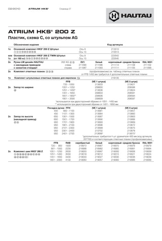 02/2010         ATRIUM HKS ®               Страница 27




ATRIUM HKS® 200 Z
Пластик, схема C, со штульпом AG
     Обозначение изделия                                                               Код артикула
1x                         ®
     Основной комплект HKS 200 Z Штульп                      Ось 9                         213510
     123!L”Ö”A”S”F”G                                         Ось 13                        213513
или Основной комплект HKS® 200 Z TWIN Штульп                 Ось 9                         223542
1x (от 160 кг) !a"a3!L”Ö”A”S”F”G                             Ось 13                        223545
2x   Ручка LM дизайн HAUTAU                 202 AG 68         EV1           белый       коричневый средняя бронза   RAL 9001
     с накладным приводом                      слева         211090         211096        211114       211108        211102
     с захватом стандарт                      справа         211087         211093        211111       211105        211099
2x   Комплект ответных планок !D!G!H                                   (профилезависим) см. таблицу ответных планок
                                                               от FFB 1450 мм требуются 4 дополнительные ответные планки
1x   Комплект штульповых ответных планок для европаза !Ea                                  219135
                                                  FFB                     (VE 1 штука)                (VE 5 штук)
                                               720 - 1050                    213633                     213621
2x   Запор по ширине                          1051 – 1250                    208600                     208588
     §S                                       1251 – 1450*                   213636                     213624
                                              1451 – 1650                    208603                     208591
                                              1651 – 1850**                  208606                     208594
                                              1851 – 2000                    208609                     208597
                                        *используется при двухсторонней обрезке от 1051 - 1450 мм
                                       ** используется при двухсторонней обрезке от 1451 - 1850 мм
                               Посадка ручки FFH                         (VE 1 штука)                (VE 5 штук)
                                    450    900 - 1100                       213681                     213657
                                    450   1101 - 1300                       213684                     213660
2x   Запор по высоте                650   1301 - 1500                       213687                     213663
     (накладной привод)             650   1501 - 1700                       213690                     213666
     “J§A                           950   1701 - 1900                       213693                     213669
                                    950   1901 - 2100                       213696                     213672
                                    950   2101 - 2300                       213699                     213675
                                    950   2301 - 2400                       213702                     213678
                                    950   2401 - 2700                      213699*                     213675*
                                                                *дополнительно требуются 4 шт удлинителя 400 мм (код артикула
                                                                 207705) и соответствующие ответные планки (профилезависимы)
                                    FFB         RAB       серебристый       белый       коричневый средняя бронза   RAL 9001
                                  720 - 900     1930         218973         218967        218970       218976        218979
                                  901 - 1050    2230         218988         218982        218985       218991        218994
2x   Комплект шин HKS® 200 Z     1051 - 1250    2630         219003         218997        219000       219006        219009
     4”D§G§H§J§L$Ö$A$F$G         1251 - 1450    3030         219018         219012        219015       219021        219024
     $H$J$K%Ö(%A)                1451 - 1650    3430         219033         219027        219030       219036        219039
                                 1651 - 2000    4130         219063         219057        219060       219066        219069
 
