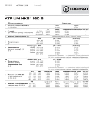 02/2010          ATRIUM HKS ®                Страница 29




ATRIUM HKS® 160 S
     Обозначение изделия                                                                     Код артикула
1x                             ®
     Основной комплект HKS 160 S                                                слева                        справа
     123!L”A”S                                                                  213534                       213537
                                                                   EV1          белый        коричневый средняя бронза RAL 9001
1x   Ручка LM                                  161 EG 9           206206        206209         207361         -           -
     для вставного привода слева/справа       161 EG-S !Ö         206215        206218         207367         -           -
                                              161 EG-Pzl!A        206224        206227         207364         -           -
1x   Комплект ответных планок !D!G                                         (профилезависим) см. таблицу ответных планок
                                                     FFB                      (VE 1 штука)                  (VE 5 штук)
                                                   620 - 900                     213987                       213978
1x   Запор по ширине                               901 - 1250                    213990                       213981
     §S                                           1251 - 1650                    213993                       213984
                                   Посадка ручки FFH                          (VE 1 штука)                (VE 5 штук)
1x   Запор по высоте                  средний 650 - 1100                         214014                     214002
     (вставной привод, D 15)          средний 1101 - 1450                        214017                     214005
     “K§A                             средний 1451 - 1900                        214020                     214008
                                      средний 1901 - 2350                        214023                     214011
                                              2351 - 2700                       214023*                     214011*
                                                                     *дополнительно требуются 2 шт удлинителей 400 мм (код артикула
                                                                      207705) и соответствующие ответные планки (профилезависимы)
или                                Посадка ручки FFH                          (VE 1 штука)
1x Запор по высоте                    средний 1100 - 1450                        214050
    (вставной привод,                 средний 1451 - 1900                        214053
    запирающийся, D 30)               средний 1901 - 2350                        214056
    “K§A                                      2351 - 2700                       214056*
                                                                     *дополнительно требуются 2 шт удлинителей 400 мм (код артикула
                                                                      207705) и соответствующие ответные планки (профилезависимы)
                                        FFB          RAB        серебристый     белый        коричневый средняя бронза    RAL 9001
                                     620 - 900       1930          218973       218967         218970       218976         218979
1x   Комплект шин HKS® 200           901 - 1050      2230          218988       218982         218985       218991         218994
     4§G§H§J§L$Ö$A$F$G              1051 - 1250      2630          219003       218997         219000       219006         219009
     $H$J$K%Ö(%A)                   1251 - 1450      3030          219018       219012         219015       219021         219024
                                    1451 - 1650      3430          219033       219027         219030       219036         219039
                                  FFB                           серебристый     белый        коричневый средняя бронза    RAL 9001
1x   Комплект скользящих ножниц 620 - 900                          208633       208624         208642       208660         208651
     + верхняя шина ”H§K$S$D    901 - 1250                         208636       208627         208645       208663         208654
                               1251 - 1600                         208639       208630         208648       208666         208657
 