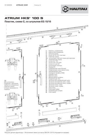 01/2009          ATRIUM HKS ®          Страница 42




ATRIUM HKS® 100 S
Пластик, схема C, со штульпом EG 15/15




                                                       1     Каретка с управлением
                                                       2     Каретка без управления
                                                       4     Опорная деталь
                                                       9     Ручка LM 161 EG с винтами
                                                       !D    Ответная планка
                                                       !Ea   Штульповая ответная планка для европаза
                                                       !G    Управляющая планка
                                                       !L    Уголок OL / OR
                                                       "A    Уголок GUL или GUR
                                                       "S    Уголок UL или UR
                                                       "H    Скользящие ножницы
                                                       "K    Привод EG
                                                       §A    Соединяющая шина боковая
                                                       §S    Соединяющая шина сверху/снизу
                                                       §G    Направляющая шина
                                                       §H    Накладной профиль (ПВХ)
                                                       §J    Ходовая шина
                                                       §K    Верхняя шина
                                                       §L    Декоративный профиль
                                                       $Ö    Соединяющая тягa
!Ea                                                    $A    Заглушка для направляющей шины
Для штульповых                                         $S    Заглушка для верхней шины, слева
профилей с европазом,                                  $D    Заглушка для верхней шины, справа
требуются специальные                                  $F    Заглушка снизу, слева
ответные планки,                                       $G    Заглушка снизу, справа
которые заказываются                                   $H    Упор снизу
отдельно.                                              $J    Резиновый буфер
                                                       $K    Управляющая колодка
                                                       %Ö    Упор сверху




Рисунок детали фурнитуры = Исполнение левое (согласно DIN EN 12519 открывается направо)
 