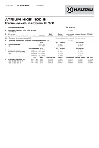 01/2009          ATRIUM HKS ®                Страница 43




ATRIUM HKS® 100 S
Пластик, схема C, со штульпом EG 15/15
     Обозначение изделия                                                                     Код артикула
1x                             ®
     Основной комплект HKS 100 S Штульп                                                         213549
     12!L“A”S
2x   Ручка LM                                                      EV1          белый        коричневый средняя бронза    RAL 9001
     для вставного привода, слева/справа           161 EG9        206206        206209         207361         -              -
2x   Комплект ответных планок !D!G                                         (профилезависим) см. таблицу ответных планок
1x   Комплект штульповых ответных планок для европаза !Ea                                       219135
                                                     FFB                      (VE 1 штука)                  (VE 5 штук)
2x   Запор по ширине                               620 - 900                     213987                       213978
     §S                                            901 - 1250                    213990                       213981
                                   Посадка ручки FFH                          (VE 1 штука)                  (VE 5 штук)
2x   Запор по высоте                  средний 650 - 1100                         214014                       214002
     (вставной привод, D 15)          средний 1101 - 1450                        214017                       214005
     "K§A                             средний 1451 - 1900                        214020                       214008
                                      средний 1901 - 2350                        214023                       214011
                                        FFB          RAB        серебристый     белый        коричневый средняя бронза    RAL 9001
2x   Комплект шин HKS® 100            620 - 900      1930          223503       223497         223500       223506         223509
     4"H§G§H§J§K§L$Ö$A                901 - 1050     2230          223518       223512         223515       223521         223524
     $S$D$F$G$H$J$K%Ö                1050 - 1250     2630          223533       223527         223530       223536         223539
 