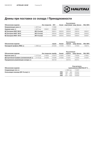 02/2010           ATRIUM HKS ®          Страница 59




Длины при поставке со склада / Принадлежности
                                                                                      Код артикула
Обозначение изделия                                   без покрытия    EV1     белый коричневый сред. бронза     RAL 9001
Направляющая шина §G                    L 6070 мм          -         113066     -           -          -            -
Ходовая шина §J                         L 6070 мм        226051      226063     -        226087      226075         -
BZ Заглушки HKS® 200 Z                  (VE 10 штук)       -         208531   208525     208528      208534      208537
BZ Заглушки HKS® 160 S                  (VE 10 штук)       -         208546   208540     208543      208549      208552
BZ Заглушки HKS® 100 S                  (VE 10 штук)       -         208561   208555     208558      208564      208567



                                                                                        Код артикула
Обозначение изделия                                                  серый    белый     чёрный   сред. бронза   RAL 9001
Накладной профиль (ПВХ) §H              L 6080 мм                    224346   127046     175515      127043      158273



                                                                                        Код артикула
Обозначение изделия                                   без покрытия серебр.    белый     коричн. сред. бронза    RAL 9001
Верхняя шина §K                         L 5170 мм        219555      219570   219564     219561      219558      219567
Декоративный профиль (алюминиевый) §L   L 5170 мм        216285      216288   216300     216291      216294      216297
Передвижная управляющая колодка $K                         -         203748     -        203754      203751         -



                                                                                                 Код артикула
Обозначение изделия                                                                         оцинкованная (HAUTAU-Sплюс)
Соединяющая тягa $Ö                                                                    L 3600 мм     110387
Скользящие ножницы (VE 10 штук) "H                                             FFB      620 - 900    220302
                                                                               FFB      901 - 1250   220326
                                                                               FFB     1251 - 1650   220350
 