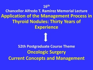 16th
Chancellor Alfredo T. Ramirez Memorial Lecture
Application of the Management Process in
Thyroid Nodules: Thirty Years of
Experience
52th Postgraduate Course Theme
Oncologic Surgery
Current Concepts and Management
 