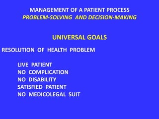 MANAGEMENT OF A PATIENT PROCESS
PROBLEM-SOLVING AND DECISION-MAKING
UNIVERSAL GOALS
RESOLUTION OF HEALTH PROBLEM
LIVE PATIENT
NO COMPLICATION
NO DISABILITY
SATISFIED PATIENT
NO MEDICOLEGAL SUIT
 