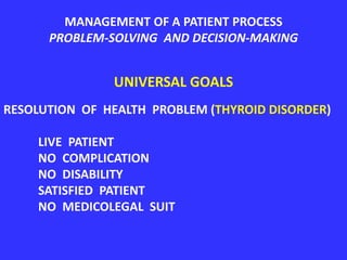 MANAGEMENT OF A PATIENT PROCESS
PROBLEM-SOLVING AND DECISION-MAKING
UNIVERSAL GOALS
RESOLUTION OF HEALTH PROBLEM (THYROID DISORDER)
LIVE PATIENT
NO COMPLICATION
NO DISABILITY
SATISFIED PATIENT
NO MEDICOLEGAL SUIT
 