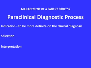 MANAGEMENT OF A PATIENT PROCESS
Paraclinical Diagnostic Process
Indication - to be more definite on the clinical diagnosis
Selection
Interpretation
 
