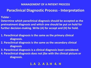 Paraclinical Diagnostic Process - Interpretation
Tickler -
Determine which paraclinical diagnosis should be accepted as the
pretreatment diagnosis and which one should be put on hold for
further decision-making. Write (A) for accept and (H) for hold.
1. Paraclinical diagnosis is the same as the primary clinical
diagnosis.
2. Paraclinical diagnosis is the same as the secondary clinical
diagnosis
3. Paraclinical diagnosis is a clinical diagnosis least considered.
4. Paraclinical diagnosis does not jibe with the clinical picture or
diagnosis.
1. A 2. A 3. H 4. H
MANAGEMENT OF A PATIENT PROCESS
 