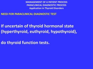 MANAGEMENT OF A PATIENT PROCESS
PARACLINICAL DIAGNOSTIC PROCESS
Application in Thyroid Disorders
NEED FOR PARACLINICAL DIAGNOSTIC TEST
If uncertain of thyroid hormonal state
(hyperthyroid, euthyroid, hypothyroid),
do thyroid function tests.
 