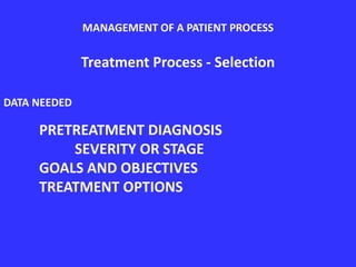 Treatment Process - Selection
DATA NEEDED
PRETREATMENT DIAGNOSIS
SEVERITY OR STAGE
GOALS AND OBJECTIVES
TREATMENT OPTIONS
MANAGEMENT OF A PATIENT PROCESS
 