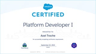 Presented to:
for successfully completing certification requirements
Issued
Credential ID: | Certification Verification: sforce.co/verifycerts
Platform Developer I
Axel Troche
September 22, 2022
2587143
 