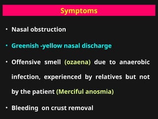 Symptoms
• Nasal obstruction
• Greenish -yellow nasal discharge
• Offensive smell (ozaena) due to anaerobic
infection, experienced by relatives but not
by the patient (Merciful anosmia)
• Bleeding on crust removal
 